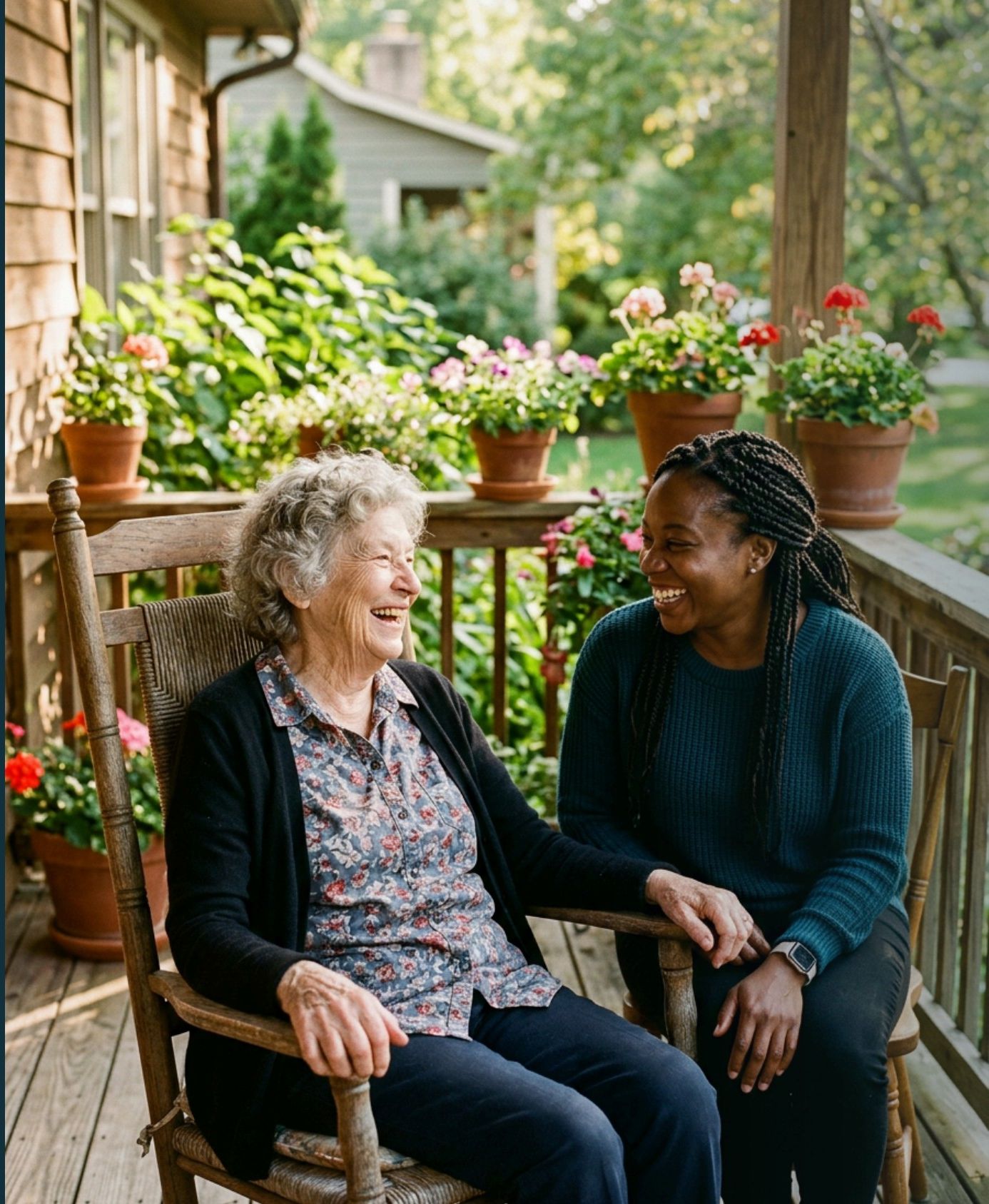 A caregiver and an older woman laughing together on a sunlit porch surrounded by flowers
