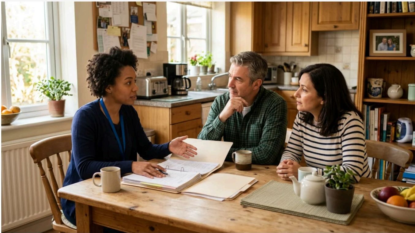 A Mayola caregiver reviewing a care plan binder with a family at their kitchen table